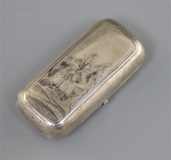 A 19th century Russian 84 zolotnik small silver and niello cigarette case, decorated with a soldier, gross 85 grams.